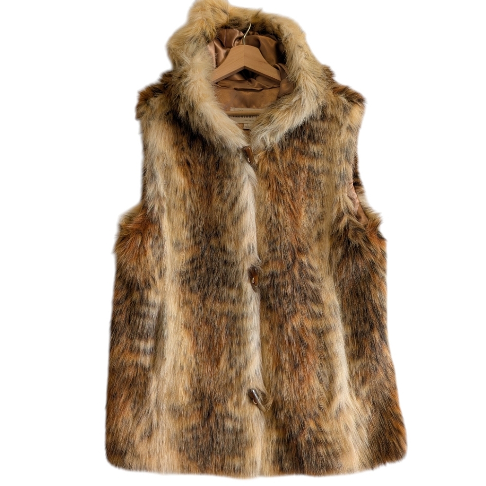 Donna Salyers Fabulous Furs Golden Fox Faux Fur Hooded Long Vest Coat size Large